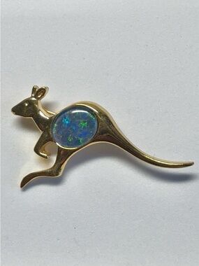 Vintage Kangaroo Brooch Goldtone and Faux Opal Pin